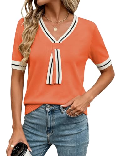 Image of Libsorge Womens Lightweight Cute Bow Tie Sweater Spring 2026 Business Casual Outfits V Neck Short Sleeve Tops