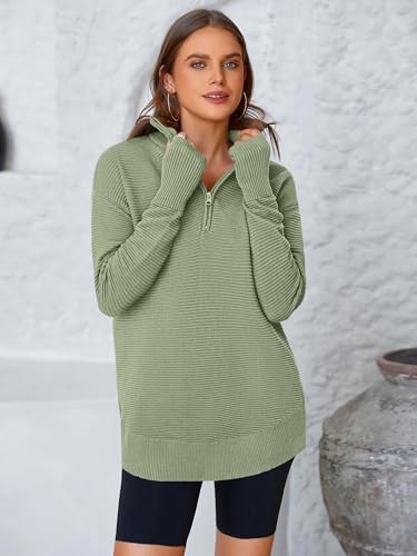 Image of PRETTYGARDEN Womens Long Sleeve Quarter Zip Pullover Sweater | Casual Loose V Neck Sweaters with Thumb Hole, Collared Ribbed Knit Jumper Tops, Oversized Tunic Tops, Fall Outfits 2026