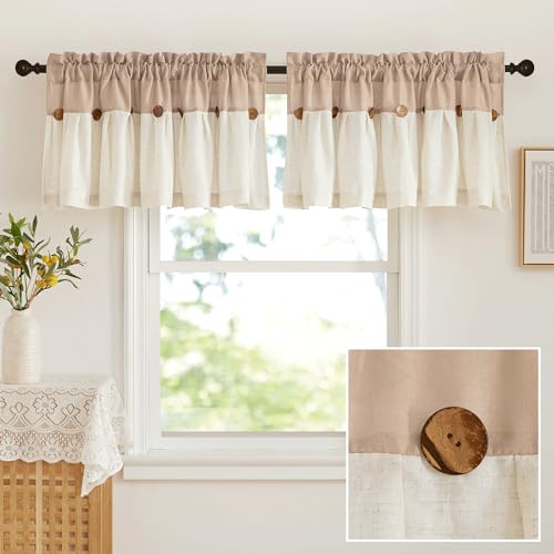 NICETOWN NICETOWN Thick Linen Valances for Kithcen/Living Room, Farmhouse Style Kitchen Window Tiers Shades Linen Textured Rod Pocket Curtains Topper, 2 Panels, 55" Wide x 18" Long, Taupe 2 tan