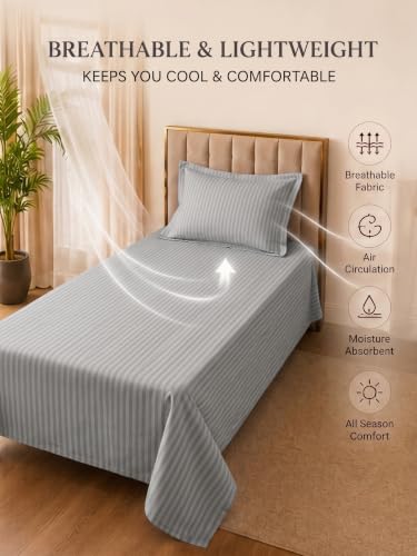 Image of Mafatlal 210 TC Italian Stripe Single Bedsheet Set with Pillow Cover (60 x 90 Inches) | 100% Cotton | Hotel Collection | Soft Breathable Flat Bed Sheet | Grey N Navy