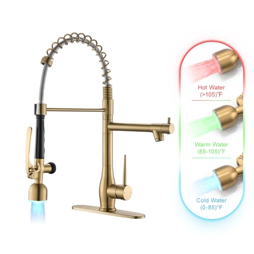 Image of GIMILI Gold Kitchen Faucet with LED Single Handle Kitchen Sink Faucet with Pull Down Sprayer Commercial Double-Headed Stainless Steel Kitchen Faucets Sink with Deck Plate