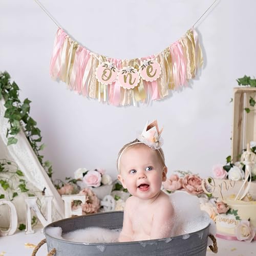 Pink Golden Floral High Chair Banner - Rose 1st Birthday Highchair Banner, Girls’ 1st Birthday Decoration, Pink First Birthday Decor, One High Chair Banner, 1st Birthday Party Decorations for Girls, 1st Birthday Banner with Tassels, Baby Girl First Birt