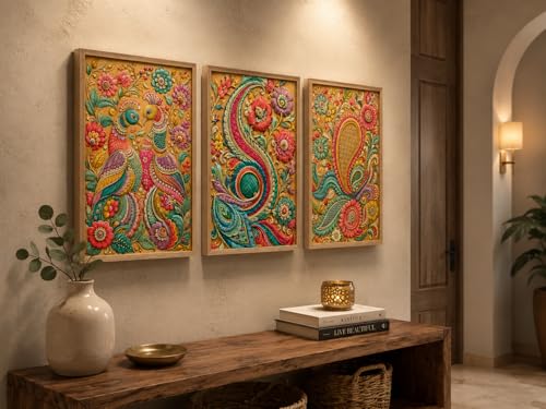 Image of Livin'luxe Set of 3 Colorful Peacock Paisley Floral Wall Paintings for Living Room Bedroom Home Decor with Premium Wooden Color Synthetic Frame (13.5 x 19.5 Inch) NM03-78