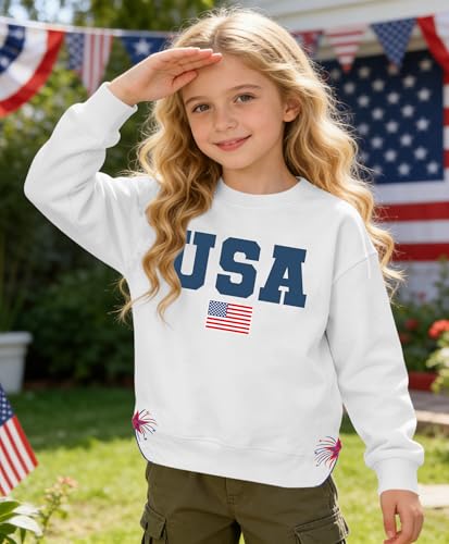 Image of Ithalt Kids USA Sweatshirt Boys Girls 4th of July Shirt American Patriotic Pullover with Embroidered Side Slits 5-14y
