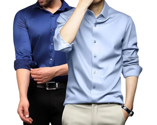 Image of DEELMO Combo of Men's Stylish Solid Satin Casual Shirt for Men Full Sleeves| Poly Satin Silk Shirt Pack of 2