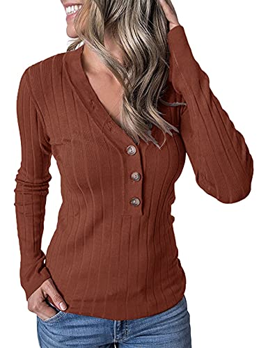 Merokeety Women's Long Sleeve V Neck Ribbed Button Knit Sweater Solid Color Tops Caramel #TOP2