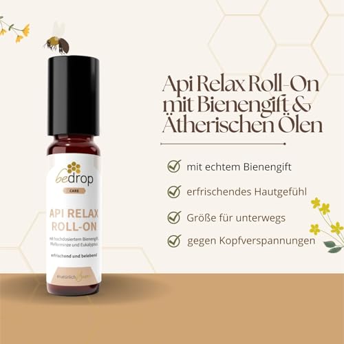 bedrop Api Relax Roll-On - mit hochdosiertem Bienengift, Pfefferminze und Eukalyptus | Bei Kopfschmerzen, ideal auf Schläfen und Muskelbereichen | Praktische To-Go Größe