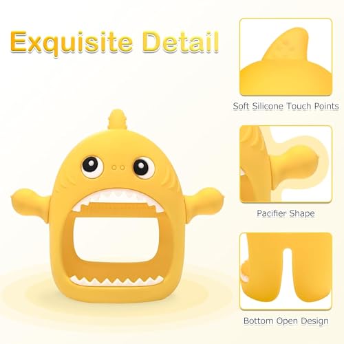 Image of Cute Shark Teething Mitten Toy for Babies, Never Drop Silicone Baby Teether, Hand Pacifier for Babies to Suck and Chew, (Yellow)