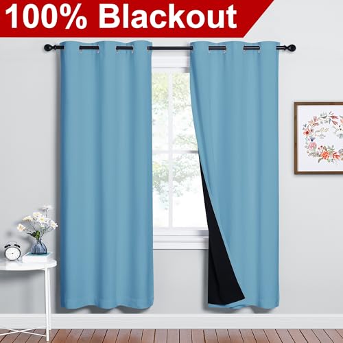 Image of NICETOWN 100% Blackout Window Curtain Panels, Teal Blue, 2 Pieces, 42-inch Wide Per Panel, Full Light Blocking Drapes with Black Liner for Nursery, 72-inch Drop Thermal Insulated Draperies