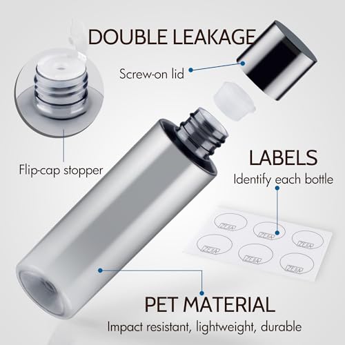 ZEJIA 200ML/6.8OZ Travel Size Toiletries, 3 Pack Travel Size Containers, Leak Proof Plastic Bottles for Shampoo, Lotion, Body Wash with 6pcs Labels3