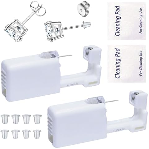 SLVIEKAE Self Ear Piercing Gun Earring, 14 Pack at Home Disposable Piercing Kit No Pain Easy Use Ear Piercing Gun Kit Tool with Gold Stud Silver Stud (Silver- White) Cover