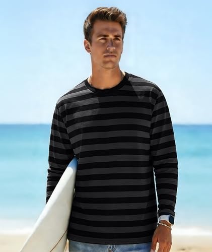 Image of KESIHAN Mens Striped Long Sleeve Shirt Crewneck Casual T-Shirt Basic Stripe Cotton Spandex tee Shirt