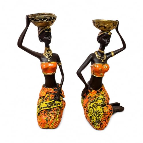 Image of Vibrant Beautiful Finish Uniquely Hand Crafted Home Decor African Tribal Women Art Piece (Sitting African Lady Set of 2)