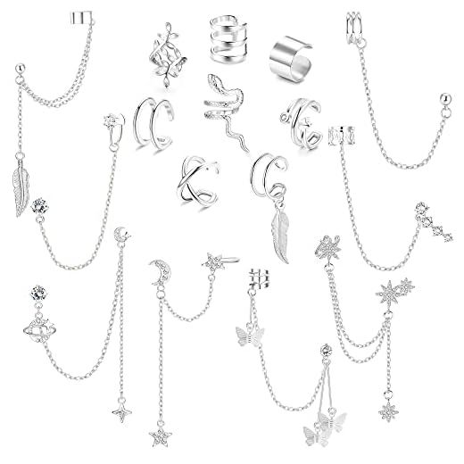 Jstyle 16 Pcs Ear Cuff Earrings for Women Cuff Chain Earrings Helix Cartilage Cuff Earring Non Piercing Earring Silver Tone