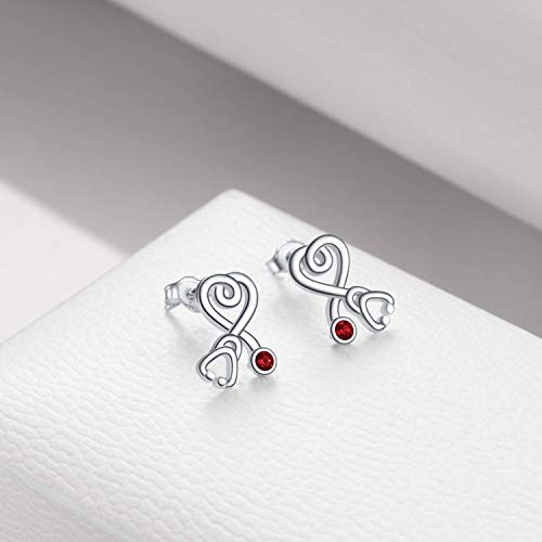 Stethoscope Earrings 925 Sterling Silver Heart Studs Earrings 12 Months Birthstone Crystals from Austria, Graduation Jewelry Gifts for Nurse Doctor RN Medical Student2