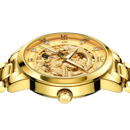 Image of OLEVS Dragon Skeleton Mens Automatic Watch 42MM Large Dial Gold Luxury Self-Winding Diamond Waterproof Stainless Steel Business Tourbillon Mechanical Watches
