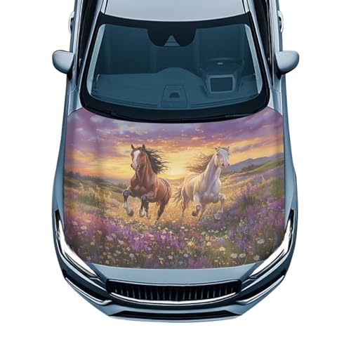 Image of Car Hood Cover,Outdoor Decoration Car Hood Cover Protector Suitable Most Automotive Sedans Trucks Pickup Sports Cars,Car Accessories Horse Purple Flower Design