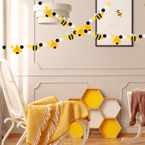Image of JarThenaAMCS Summer Bumble Bee Felt Banner 3D Bee Honeycomb Pom Ball Garland No DIY Required Bunting Garland for Party Supplies Hanging Decoration