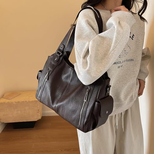 Leather Tote Bag for Women - Soft Leather Hobo Purse with Multi Pockets, Large Satchel Crossbody Slouchy Bag Retro Handbag fo2
