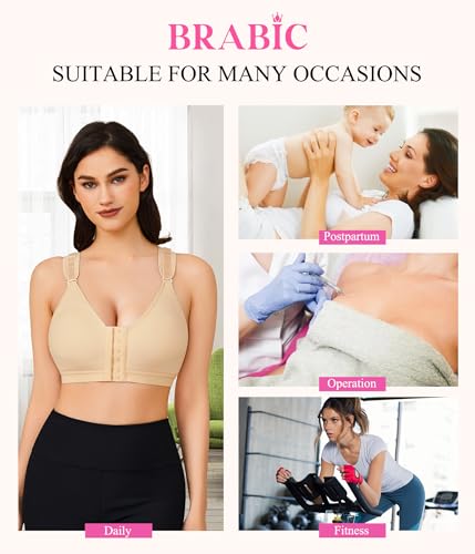 BRABIC Women Post-Surgical Sports Support Bra Front Closure with Adjustable Straps Wirefree Racerback (Beige, XL (fit for 38B 38C 38D 40A))
