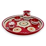 Royal Indian Art- Kundan Decor Stainless Steel Pooja Thali Set, (12 Inches)
