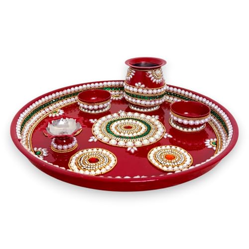 Royal Indian Art- Kundan Decor Stainless Steel Pooja Thali Set, (12 Inches)