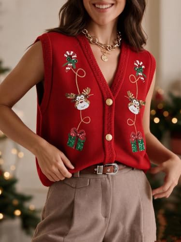 Image of Women Christmas Sweater Vests Santa Claus Sleeveless Cardigan | Women Christmas Sequin Sweater Vests, Button Down, Gingerbread Man Print, Christmas Holiday Tank Top