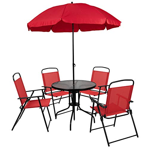 Image of Flash Furniture Nantucket 6 Piece Red Patio Garden Set with Table, Umbrella and 4 Folding Chairs
