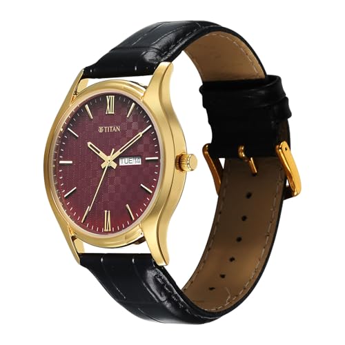Image of Titan Karishma Regal Classic Day-Date Green Dial Black Leather Men's Dress Watch - 10059YL03