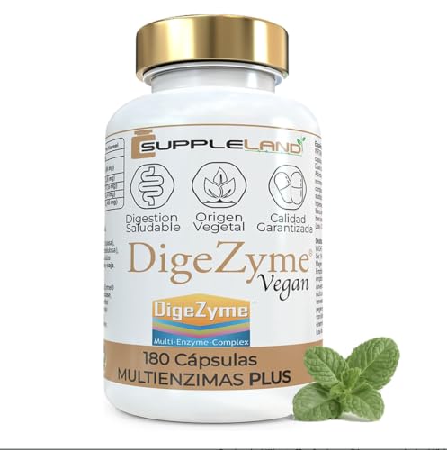 SUPPLELAND - 180 Capsulas. Enzimas Digestivas Veganas DigeZyme® – Suplemento Digestivo Natural en Cápsulas Vegetales – Enzimas para Gases, Hinchazón y Digestión Pesada – Sin Gluten ni Lactosa.