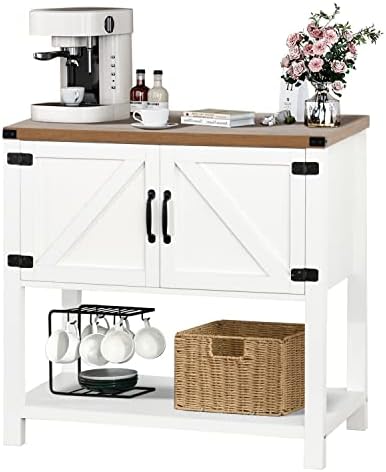 Buffets and Sideboards, Kitchen Sideboard Buffet Storage Cabinet Farmhouse Coffee Bar Cabinet Buffet Cabinet with Storage White Coffee Bar with 2 Doors and Bottom Open Shelf for Living Room, White