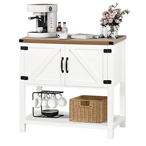 Buffets And Sideboards, Kitchen Sideboard Buffet Storage Cabinet Farmhouse Coffee Bar Cabinet Buffet Cabinet With Storage White Coffee Bar With 2 Doors And Bottom Open Shelf For Living Room, White #TOP13