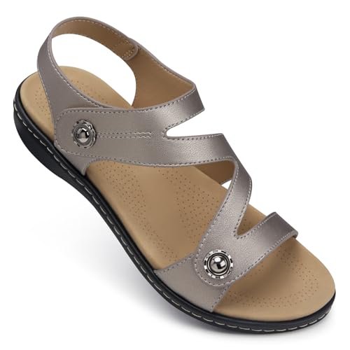 TEMOFON Womens Sandals Dressy Summer: Open Toe Comfortable Walking Flat - Arch Support Flat Sandals Size 5-11, 30-silver, 8
