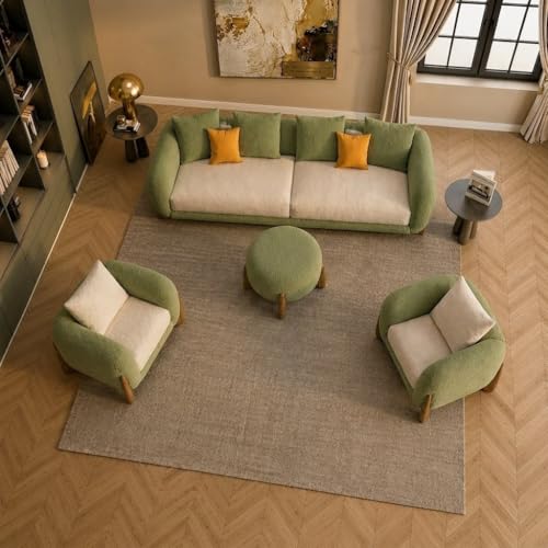 Image of Modern Sofa, Teddy Fabric, Chesterfield Style, Wooden Legs, for Living Room, Bedroom, Hallways (Olive Green - Cream, 3+1+1+Ottoman)