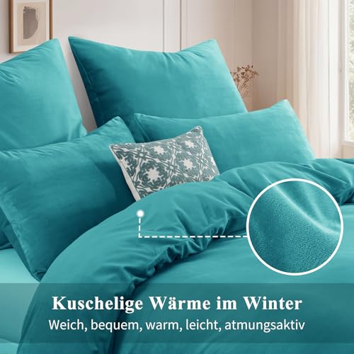 Aisbo Winter Plüsch Bettwäsche 220x200 3teilig Türkis - Flanell Flauschige Warme Bettbezug und 2 Kissenbezüge 80x80 cm… – Ansicht 4
