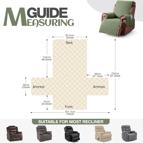 Image of KinCam 100% Waterproof Recliner Chair Cover, Reclining Couch Covers for Pets, Dogs, Recliner Couch Slipcover Furniture Protector with Elastic Straps for Kids(25 inch, Cactus Green)