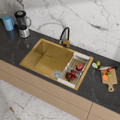 Image of HARDSTONE Premium Kitchen Sink | Single Bowl 24x18x9 Inch | Handmade Heavy Duty Stainless Steel Wash Basin with Matte Gold Finish | Includes Waste Hose Pipe, Coupling & Compact Drying Rack | Gold
