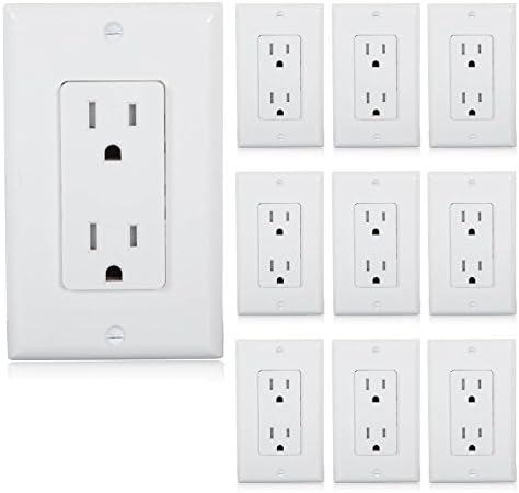 Maxxima Tamper Resistant Duplex Receptacle - Standard Decorative Electrical Wall Outlet 15A, Contractor Pack, Wall Plates Included - White - 10 Pack