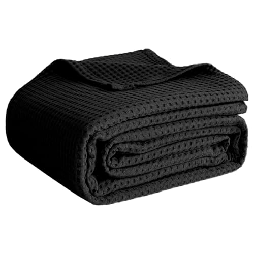 100% Cotton Blankets for Bed - Waffle Weave Blankets for Summer, Lightweight and Breathable Soft Woven Blanket for Spring (Black, Throw (50" x 60"))