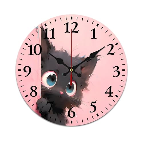 掛け時計 黒猫 ネコ 置き時計 連続秒針 静か かけ時計 PVC かべかけとけい インテリア時計 電池式 直径25cm
