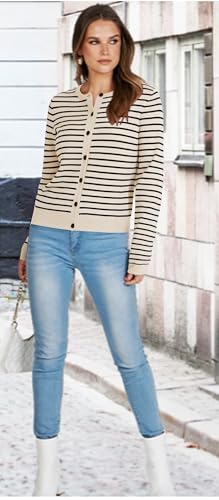 Image of LYANER Women's Striped Cardigan Crew Neck Button Down Open Front Long Sleeve Knit Cardigans Sweater