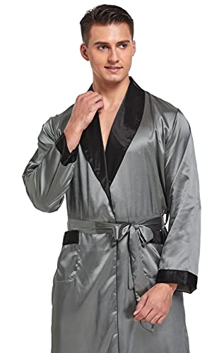 Image of TONY AND CANDICE Men's Satin Robe Lightweight Long Sleeve Silk Kimono Bathrobe with Shorts Set Sleepwear