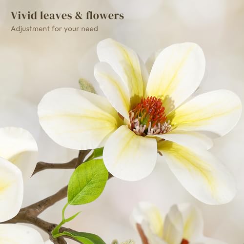 4FT Faux Magnolia Plant Artificial Flower Trees Fake Plants for Yard Patio Home Office Arrangement Decor Artificial Magnolia Tree Inc. 66 Realistic Flowers Vivid Leaves Mosses Lighting White Pot