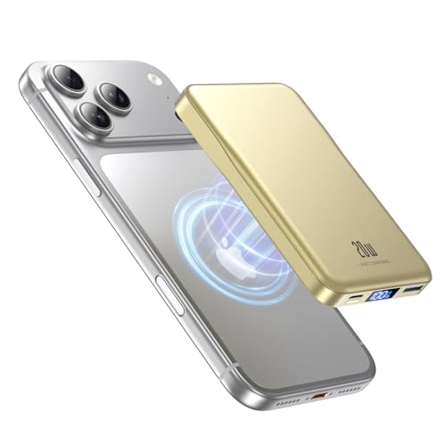 Powerbank für MagSafe 10000mAh, Magnetische Powerbank ohne Kabel, 20W PD Schnellladegerät, Kabellos mit USB-C EIN-/Ausgang, LED-Anzeige, für iPhone 17/16/15/14/13/12 Pro/Pro Max, Gold