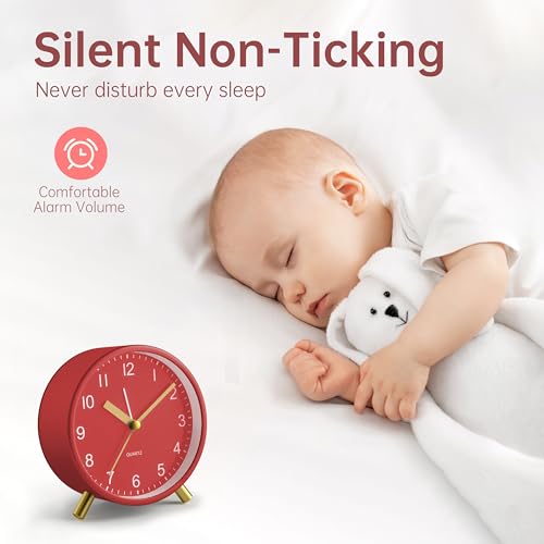 Image of JALL Analog Alarm Clock, 4 inch Super Silent Non Ticking Small Clock with Night Light, Battery Operated, Simple Design, Easy Setting for Office, Bedroom, Bedside, Desk, Teens, Elders, Adult, Red