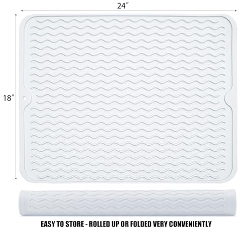 Image of Large 24 inch x 18 inch Silicone Dish Drying Mat for Kitchen Counter, Easy clean, Quick Dry, Heat-resistant Dish Drainer Mat for Sink,Refrigerator or Drawer liner (Food Grade Silicone-Translucent)