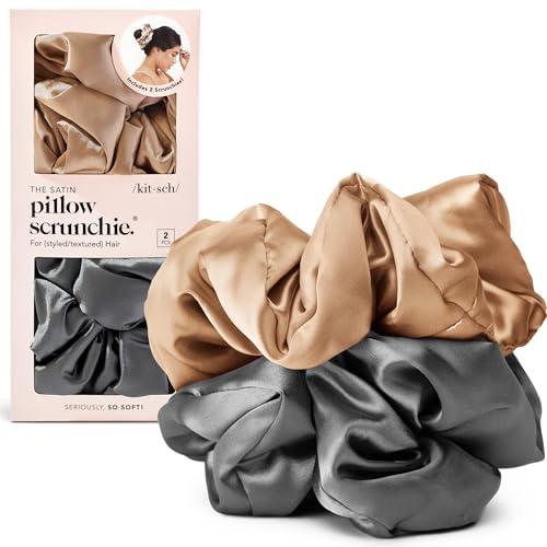 Kitsch Satin Scrunchies for Women - No Crease Hair Ties for Girls | Big Scrunchies for All Hair Types and Textures, Perfect for Day or Night | Ideal Gifts for Women - 2 Pcs, Charcoal and Gold