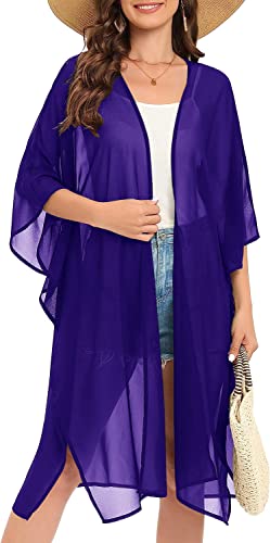 Image of Indian Trendy Women's Solid Puff Sleeve Kimono Long Cardigan Loose Cover Up Casual Blouse Top Chiffon
