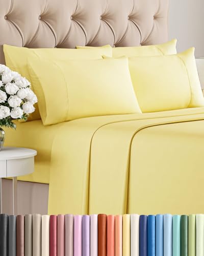 Image of Cal King 6 Piece Bed Sheet Set - Soft, Breathable & Cooling Sheets - Yellow | Ultra-Soft Hotel Luxury Bedding Set with 8-16 Inch Deep Pockets, 1 Flat & 1 Fitted Sheet & 4 Pillowcases, Wrinkle & Fade Free