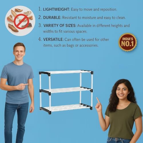Image of Shoe Rack 3 Layer with Shelf, Thick Strong Pipes for Heavy Load Multipurpose Organizer Rack Shoe, Cloth & Book Storage Shelf for Home, Balcony, Living Room & Workspace